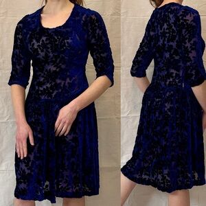 Vintage 40s Ultramarine Blue Burn Out Silk Velvet Bias Cut Flapper Dress size L